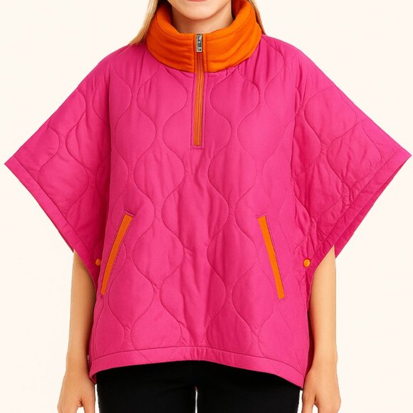 Pink & Orange Quilted Short Sleeves High Neck Puffer Pullover Poncho. - Picture 2 of 3